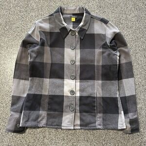 Cabela's Flannel Shirt Jacket Womens L Button Up‎ Plaid Grey Black Cotton